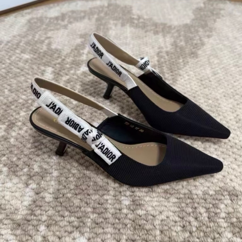 Dior Black Pointed Slingback Kitten Heels with White J'Adior Strap